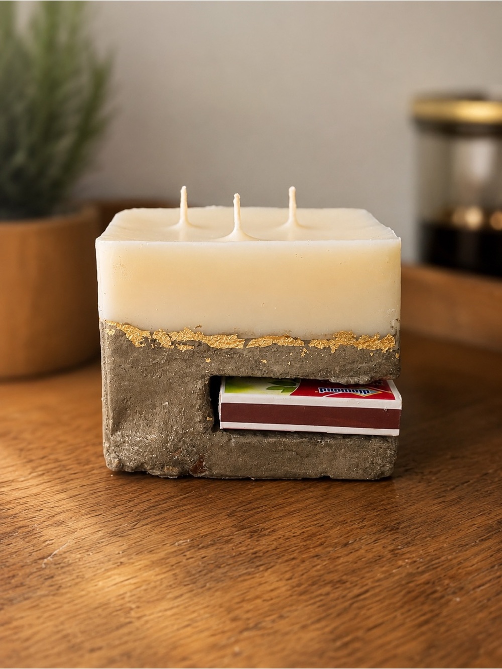 Concrete Candle Triple Wick  Gold Leaf   Modern Raw Luxury Decor  Soy Wax Candle